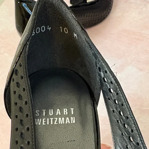 Stuart Weitzman Bowden Peep Toe Black Patent Perforated Buckle Heels, 10M - Picture 7 of 8